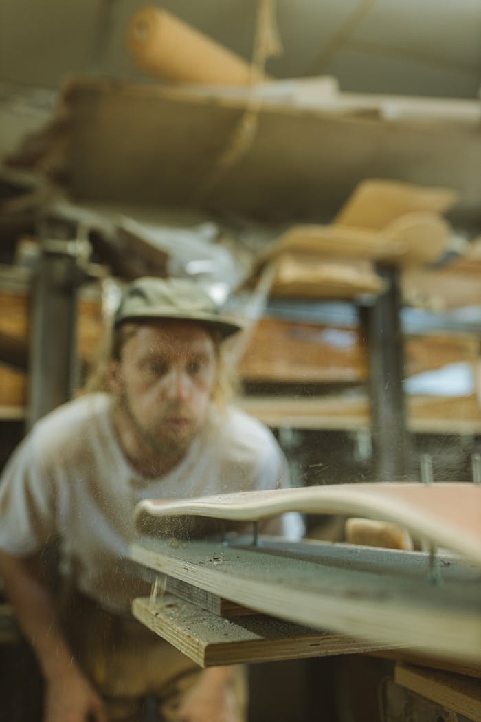 gallery-06 A skilled craftsman focuses intently on shaping a skateboard deck in a vibrant workshop setting.